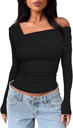 Darong Womens One Shoulder Long Sleeve Y2K T-Shirt | Asymmetrical, one shoulder,slim fit, going out, nightout, spring fall blouse, sexy shirts