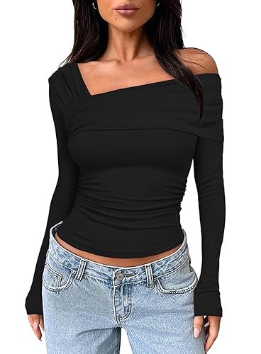 Darong Women's Off Shoulder Tops Y2K Shirt Slim Fit Ruched