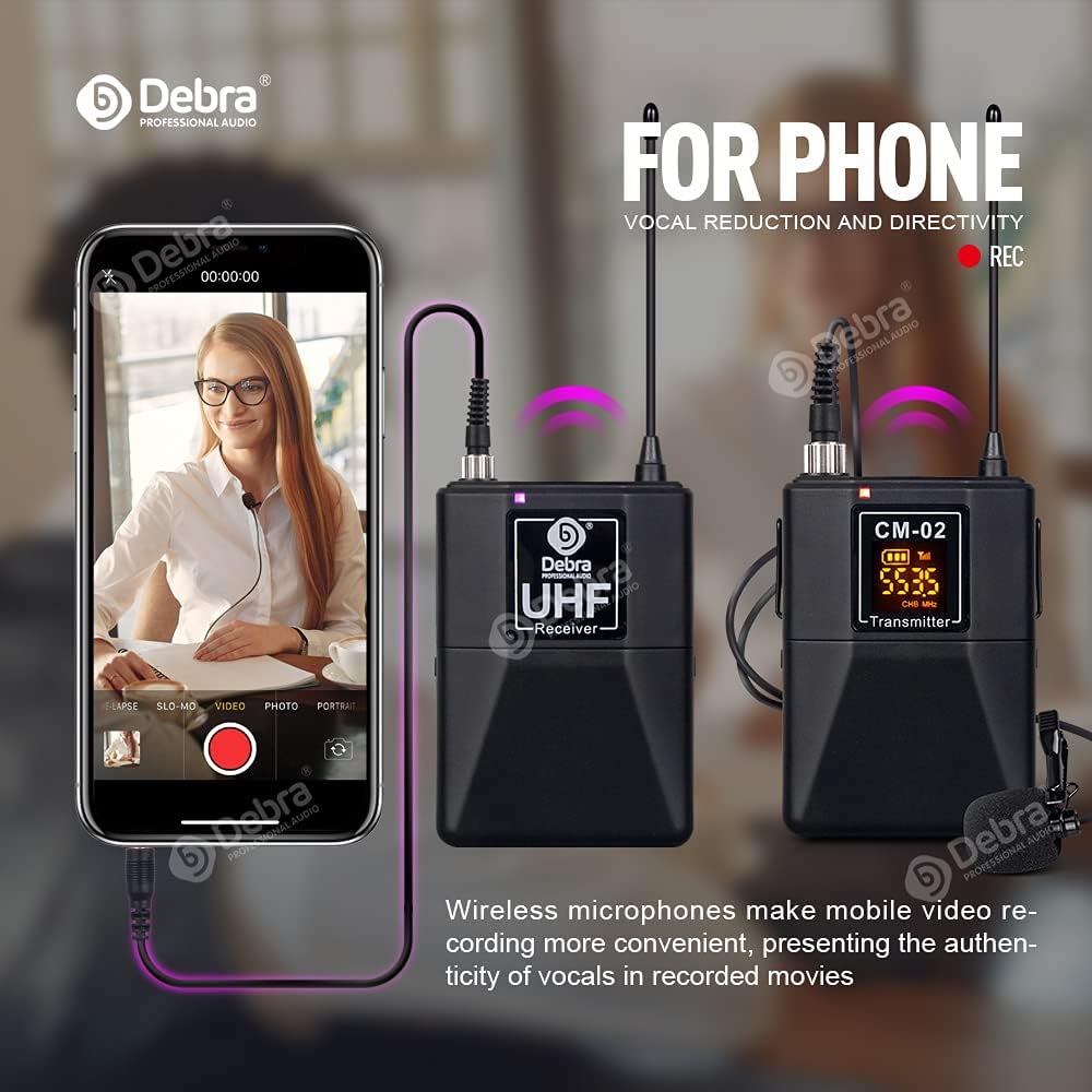 Image showing a smartphone recording a person, connected to the D Debra UHF receiver via a purple cable. A D Debra CM-02 transmitter with a lavalier microphone is also shown, indicating wireless audio transmission for phone recording.