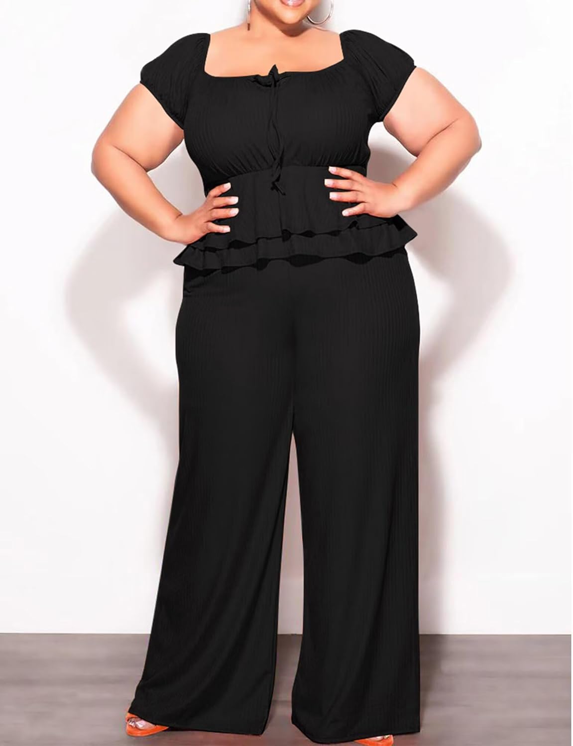 Womens Plus Size 2 Piece Outfits Sexy Off Shoulder Ruffle Short Sleeve Peplum Top Wide Leg Pant Suits Sets Party Outfit - Image 6