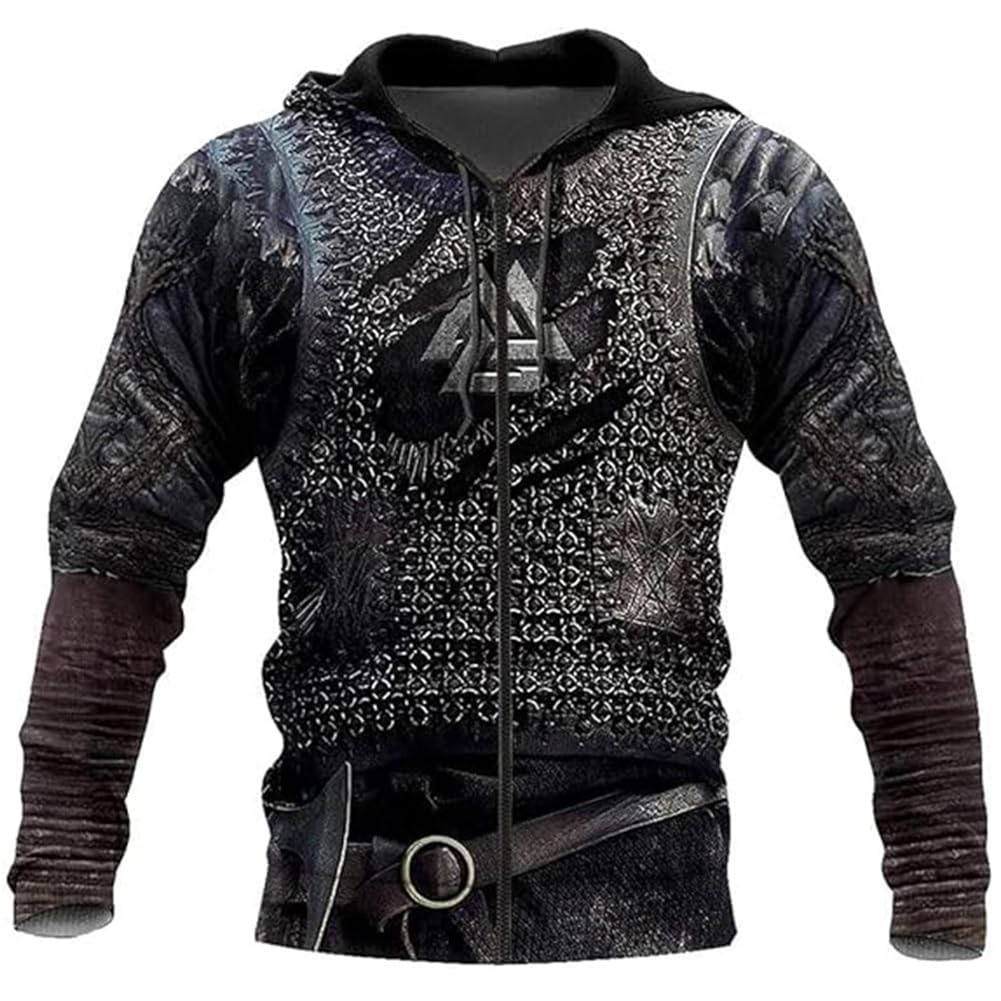 Men's Viking Armor Totem Hoodie,Medieval Valhalla Nordic Celtic Wolf 3D Rune Tattoo Print Pagan Zipper Jacket(Viking A,XL)