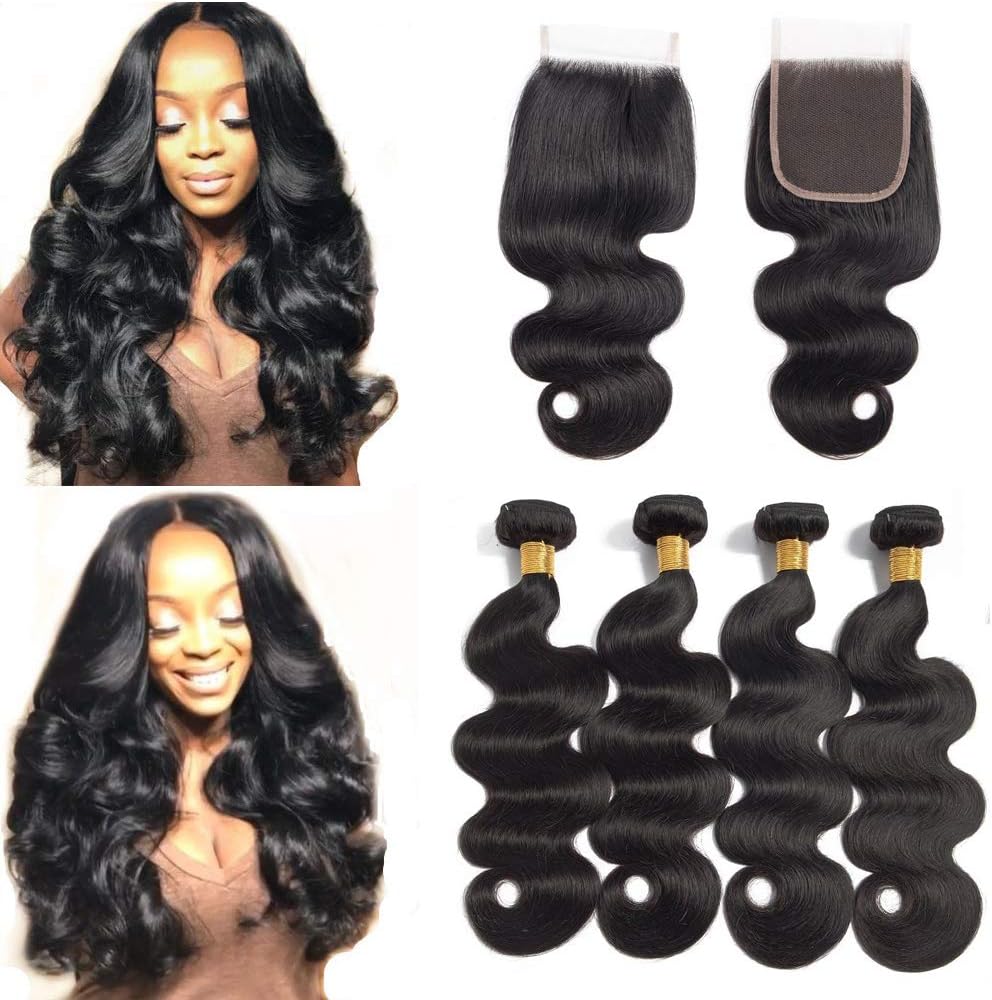 Brazilian 4 Bundles with Closure 10A Body Wave Bundles with Free Part Closure Unprocessed Virgin Human Hair with Closure Natural Color(14 16 18 20+14)