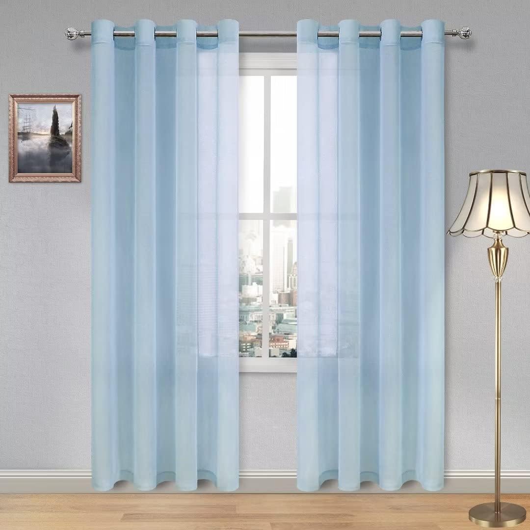 DWCN Sky Blue Sheer Curtains Textured Semi Transparent Eyelet Top Decorative Voile Curtain for Living Bedroom, 52" Wide x 90" Drop, 2 Panels