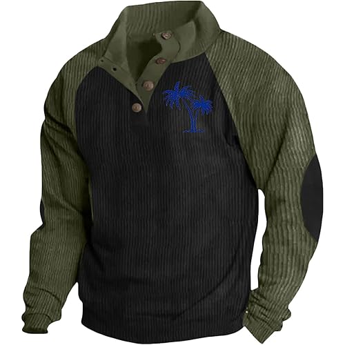 Mens Casual Corduroy Sweatshirts Fashion Stand Collar Button Up Shirts Vintage Print Aztec Long Sleeve Polo Shirts