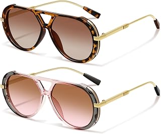 Retro Gold Aviator Sunglasses for Women Men Large Frame 70s Trendy Vintage Style UV Protection Sun Glasses