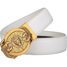 Ratchet Belts with Automatic Click Buckle Engraved Gold Lion Head and Paws, Micro Adjustable Slide Belt Fit Everywhere110cm/waist37", White