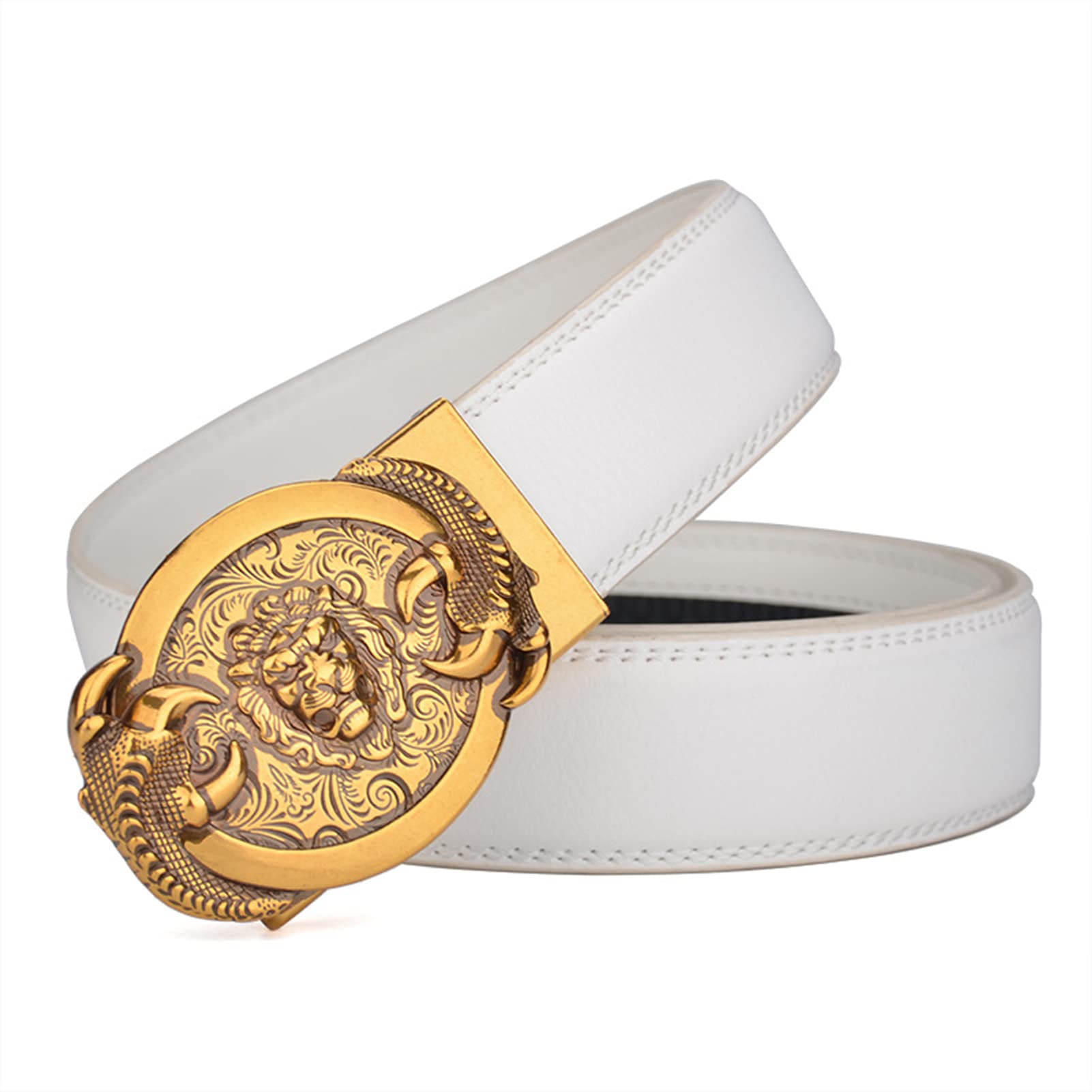 Obasdfd Unisex White Men's Ratchet Belt With Automatic Click Buckle, Engraved Gold Lion Head & Paws, Micro Adjustable Slide Fit Everywhere(,130Cm/Waist:45")
