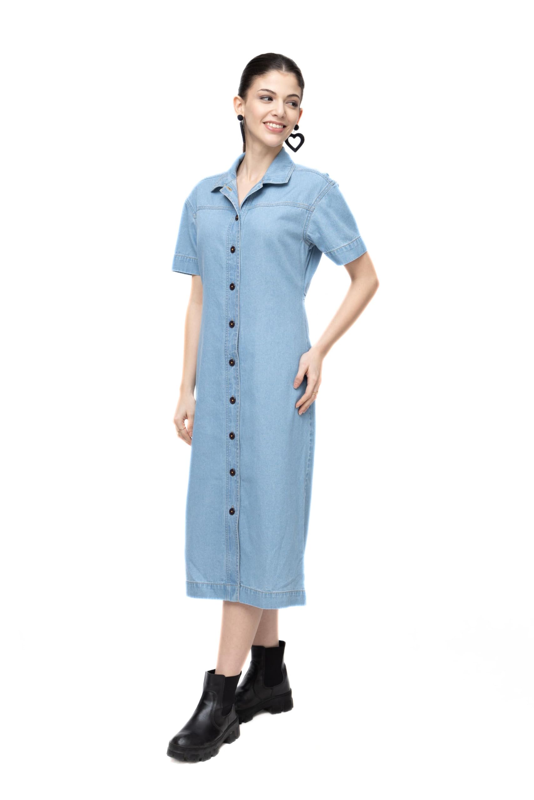 7ounce Solid Regular Fit, Below Knee Length, Half Sleeve, Coat Button, Front Closure, Denim Dress For Women-picture-44