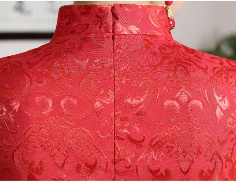 Abaodam Sequin Cheongsam Dress for Women Chinese Wedding Qipao with Short Sleeves High Waist Slim Fit Traditional Formal Dress for Banquets Size XL Red