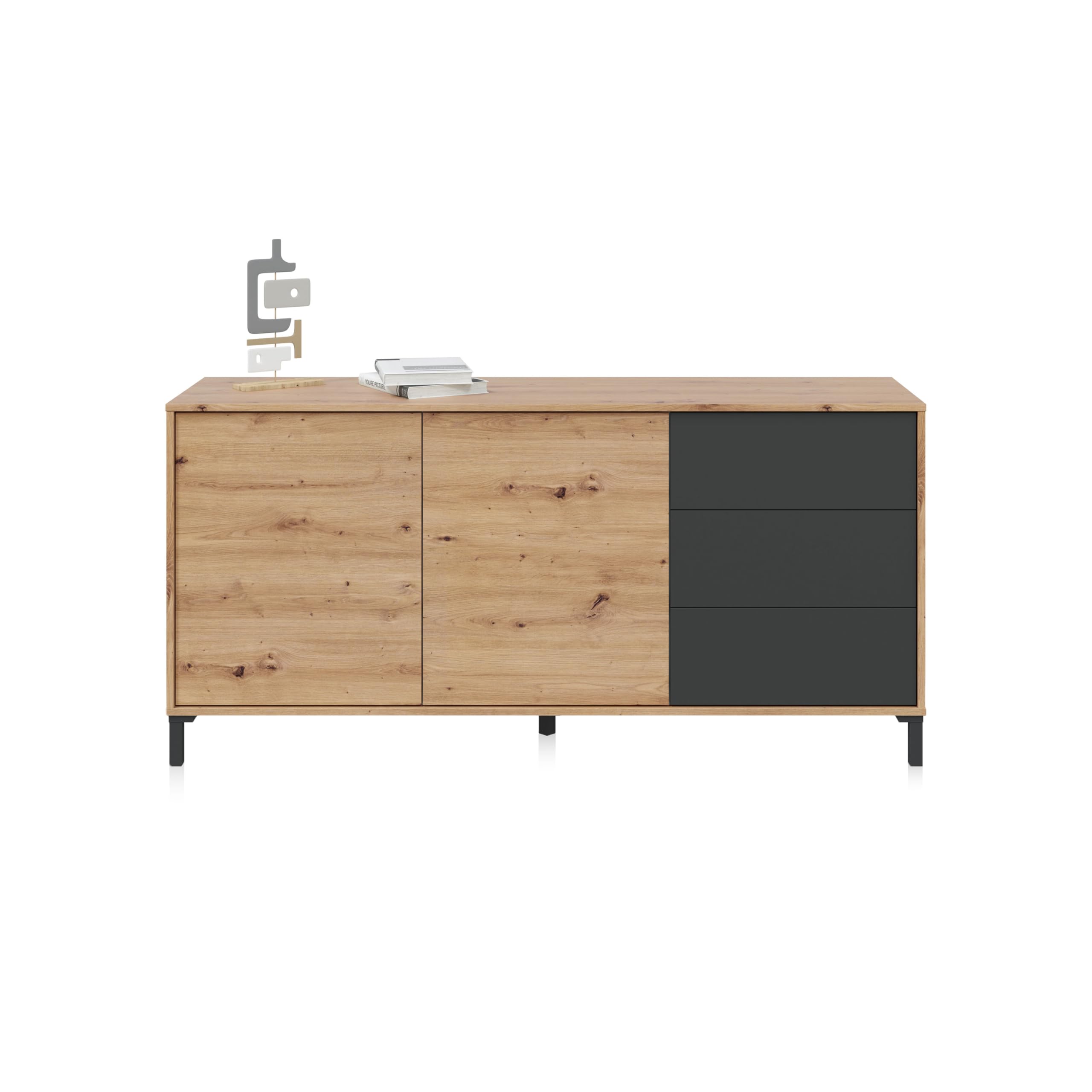 duehome | Aparador 2 Puertas y 3 Cajones, Buffet para Salon, Modelo Lea, Acabado en Color Roble Nodi y Gris Antracita, Medidas: 154 cm (Ancho) x 74 cm (Alto) x 41 cm (Fondo)