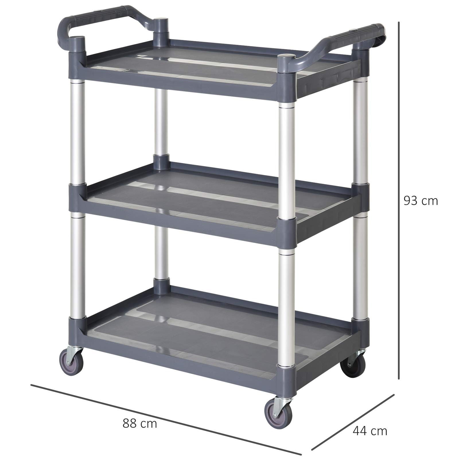 HOMCOM Carrello da cucina in lega di alluminio con ruote Carrello da cucina a 3 livelli Carrello portaoggetti carico 105 kg per Sala da pranzo Bagno 88x44x93 cm Grigio