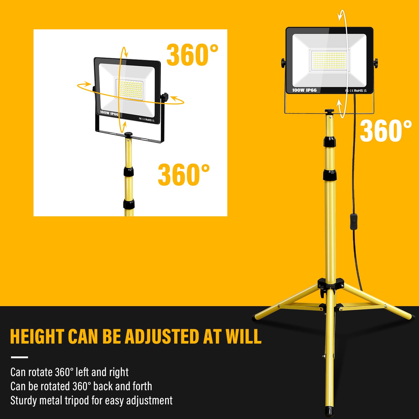 RIGIDON 100W 10000lm foco led trípode telescópico, luz de trabajo portátil | cable de 5 metros, altura ajustable de 102 a 193 cm, proyector led, para taller mecanico obra de construcción garaje jardín