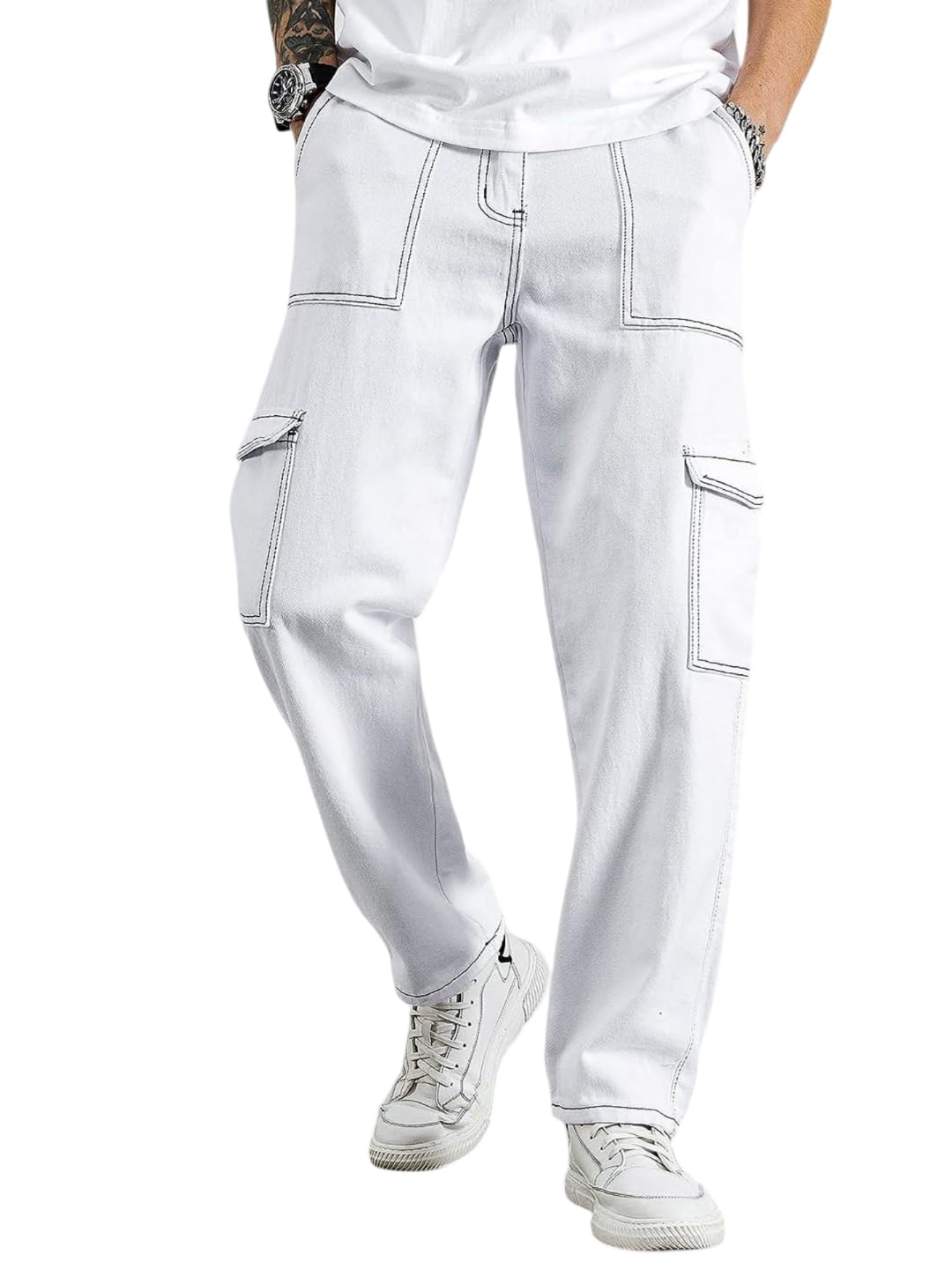 Men Cargo Pants White Relaxed Fit Streetwear Trousers | Contrast Stitch Utility Bottoms | Straight Leg Multi Pocket Drawstring Waist-image-24