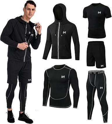 MEETYOO Mens 5pcs Men's Compression Sets Pants Long Sleeve Shirt Athletic Shorts Running Jacket