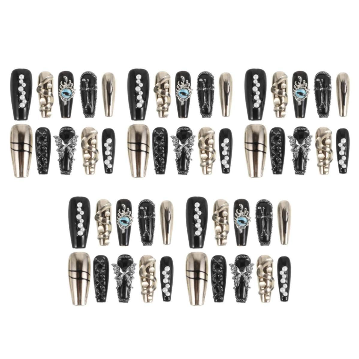 Healeved 50 Piezas Uñas Postizas Negras de Halloween, Estilo Gótico, para
