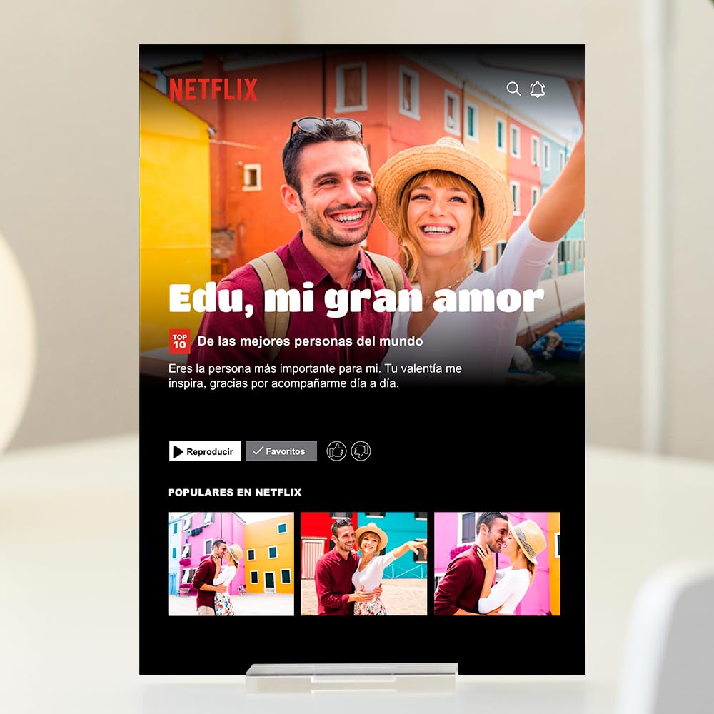 Transparent Gift Placa Personalizada Serie o Película de Netflix con Fotos y Textos. Regalo para Cumpleaños, Aniversario, Navidad. Regalos Originales Parejas, Familiares o Amigos. Placa de Metacrilato