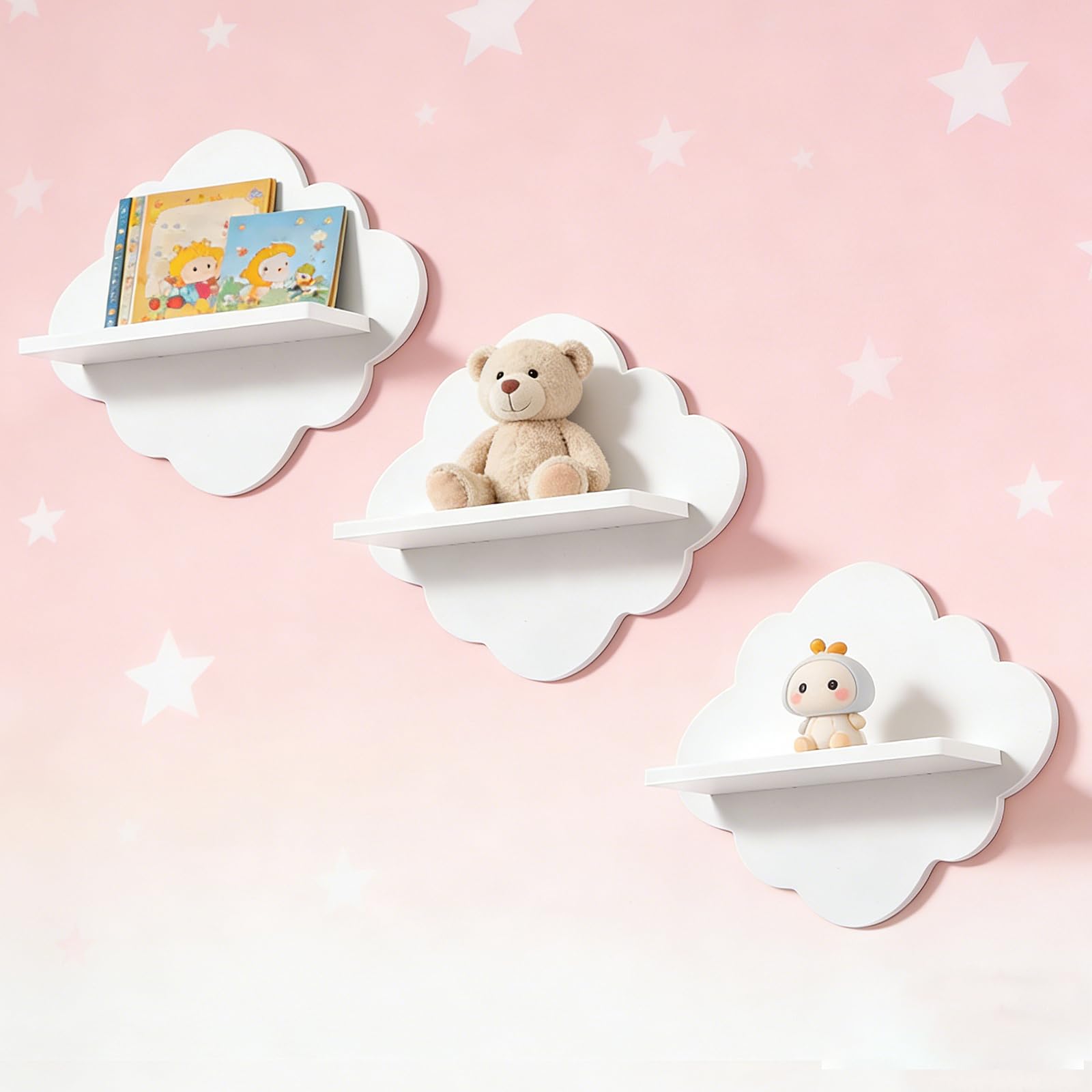 harupink Bücherregal Kinder, 3er Set Wandregal Wolken Kinderzimmer zur Aufbewahrung der Tonie Box & Hörfiguren,Wand Regale weiß für Kinderzimmer, Babyzimmer Deko, Wohnzimmer, Arbeitszimmer (3pcs)