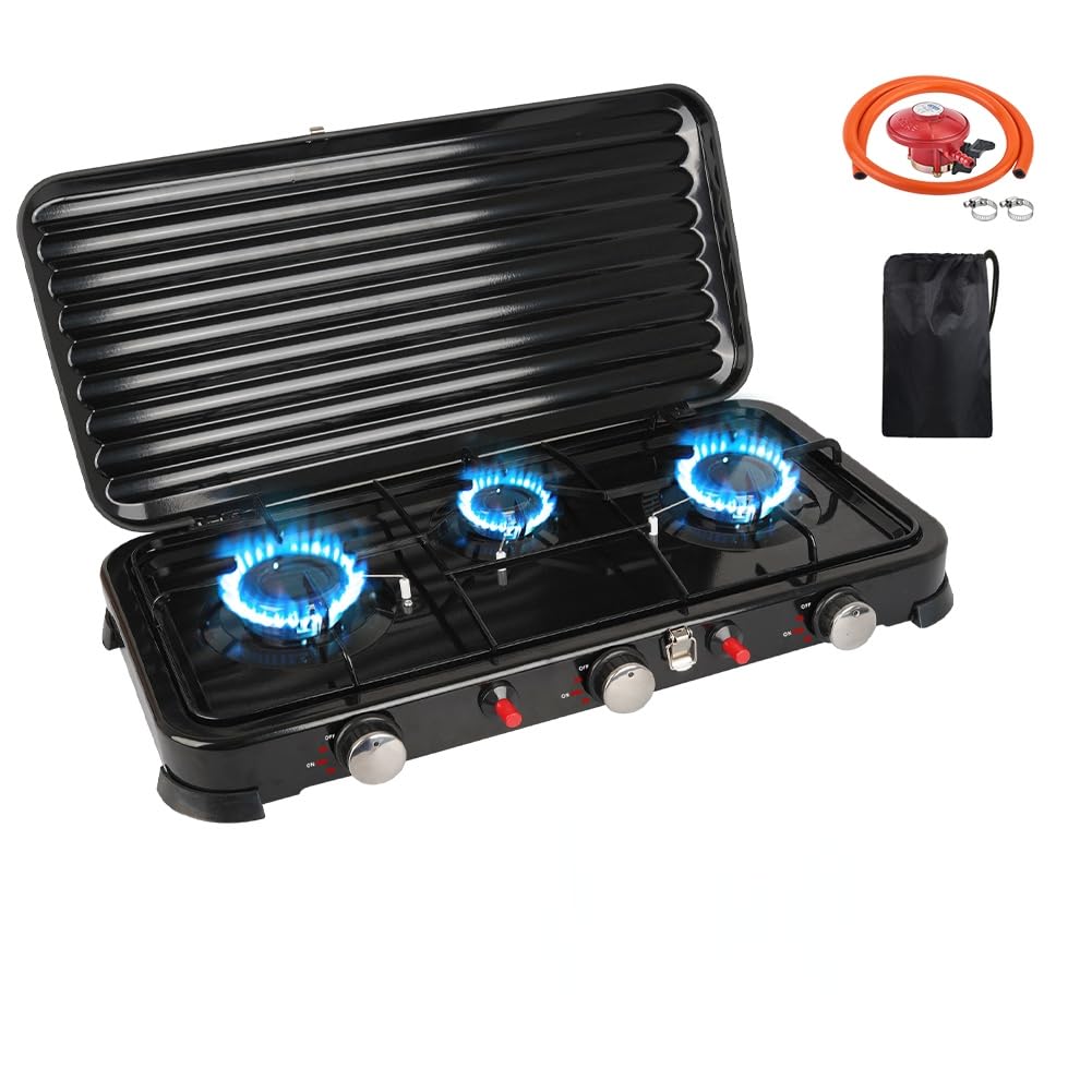 Réchaud De Camping Gaz 3 Brûleurs - 5.4KW, Auto-allumage Piézo, Tuyau 150 Cm, Pour Extérieur Et Voyages