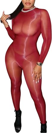 Women Sexy Mesh Bodycon Jumpsuit Long Sleeve Body Stockings See Though Oil Shiny Stretch Bodysuit Party Clubwear