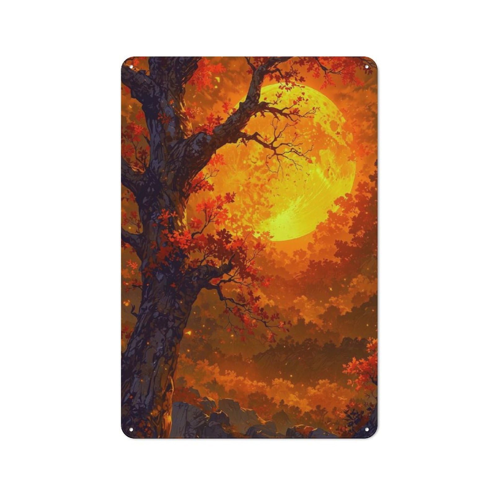 Junmoney Style-12 Country Country Metal Sign 30X20cm Featuring Autumn Moonlit Forest, Rustic Kitchen Decor For Cottage, Kitchen, Hallway Or Breakfast Nook