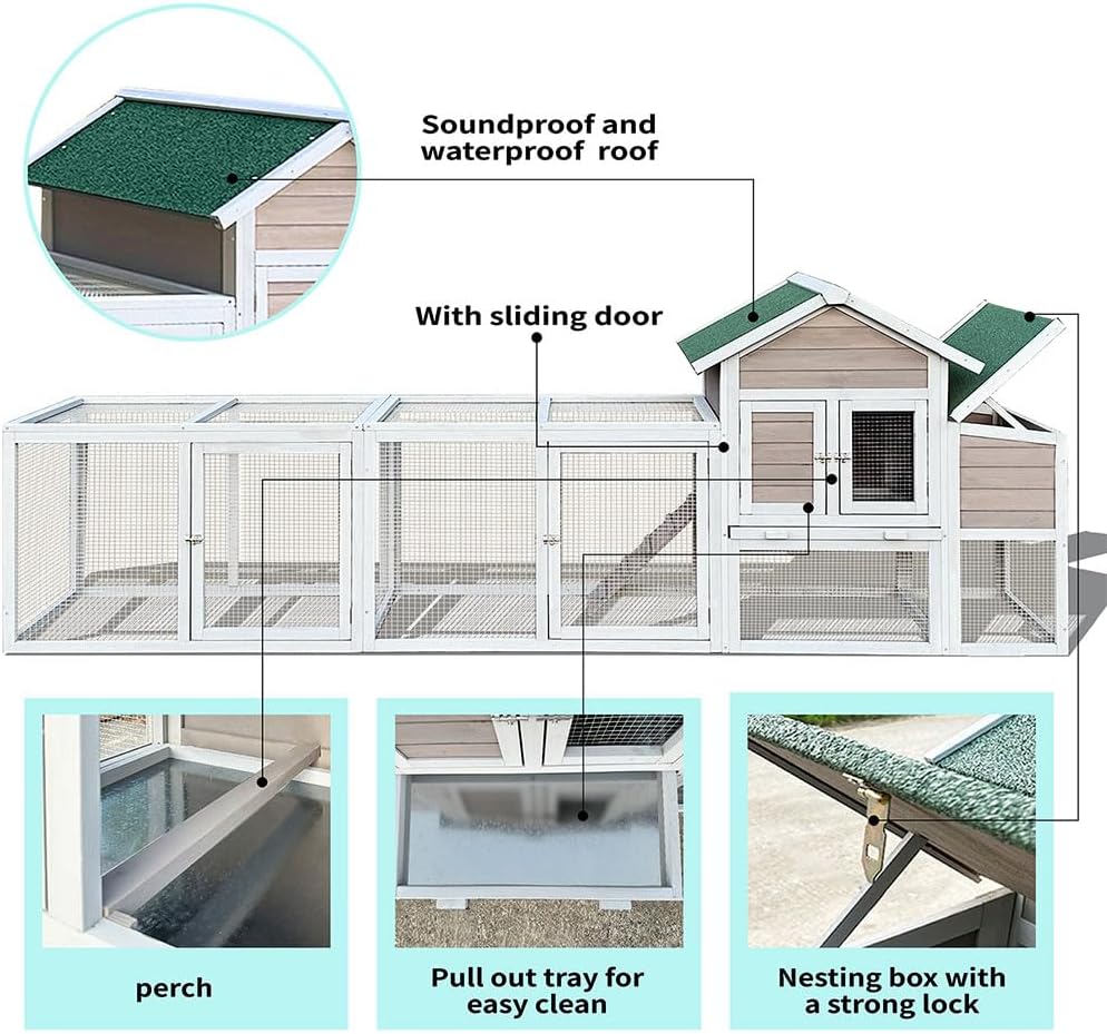 Outdoor Chicken Coop with Run, 122" Large Wooden Chicken Hutch Poultry Cage with Nesting Box, Leakproof Pull-on Tray & Waterproof Asphalt Roof, Multi-Level Hen House for 3-6 Chickens