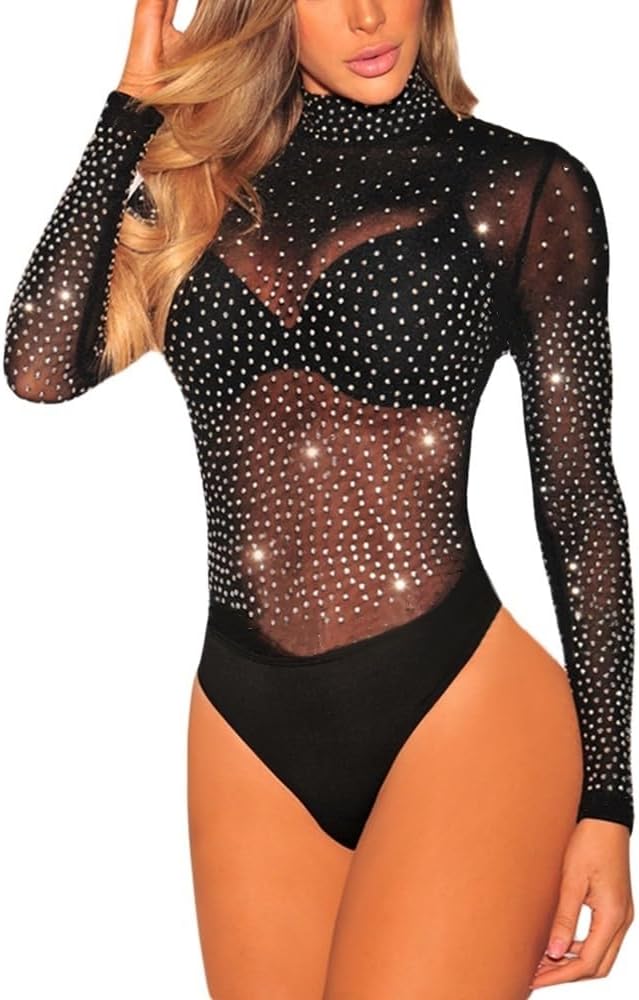 Women's Sheer Mesh Rhinestone Turtleneck Bodysuit Long Sleeve See Through Body Suit Sparkly Leotard Tops