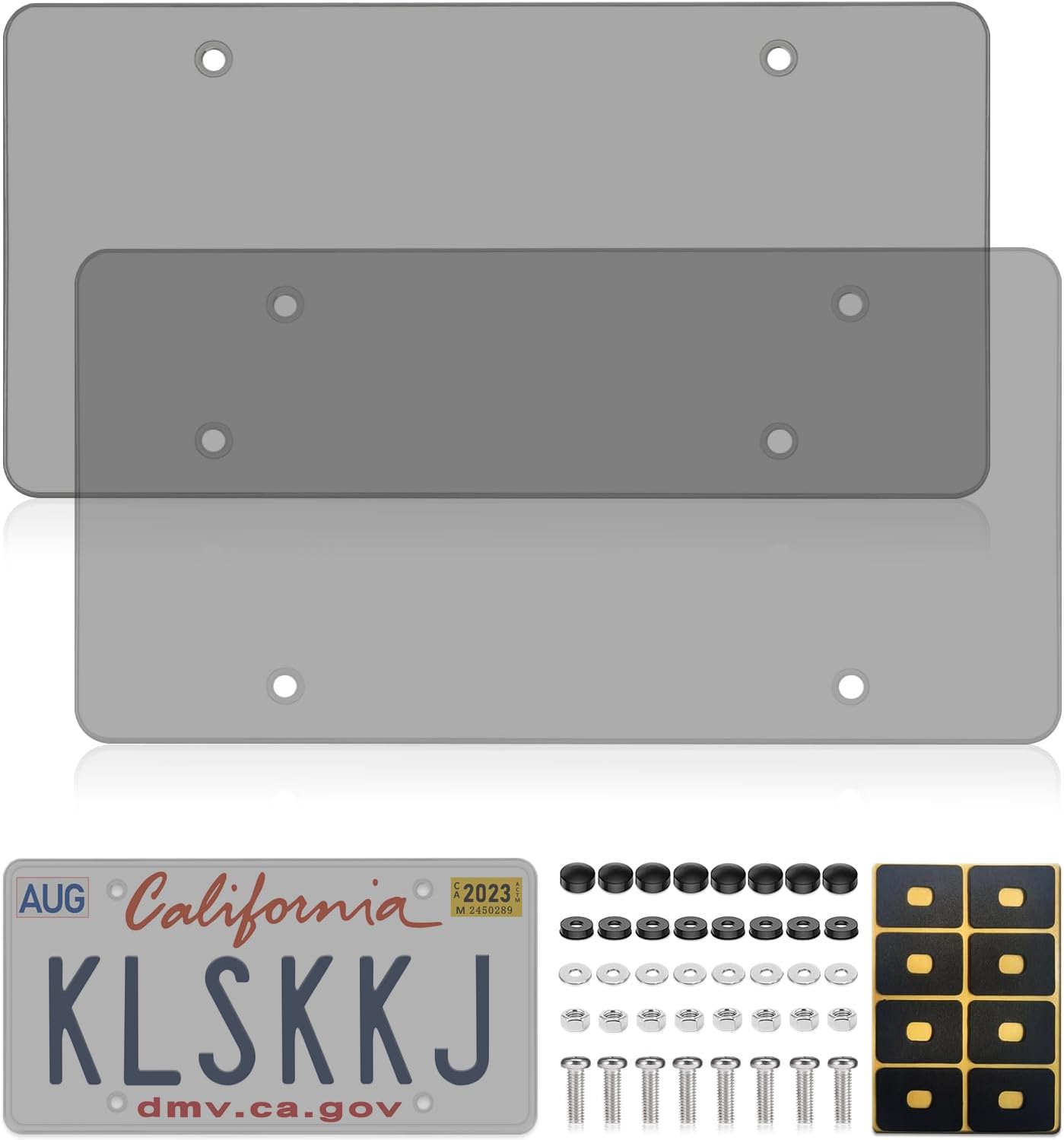 2 Pack License Plate Covers, Clear Flat License Plate Protector Unbreakable Plastic Shields Tag Holder Fits Standard US Plate with Screws Caps (Gray)