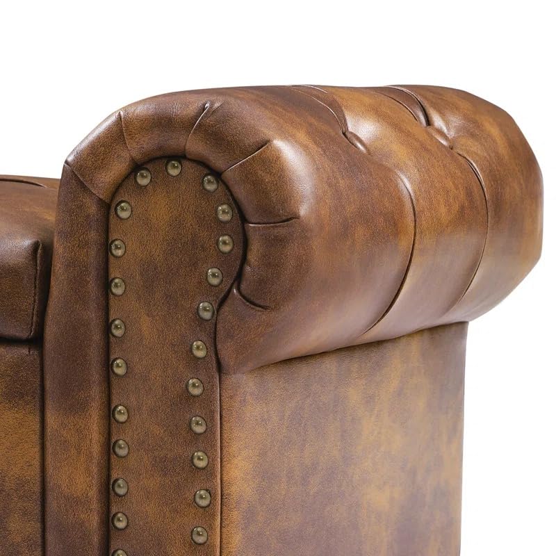 Image of Leather Storage Ottoman Bench with Rolled Arms | Tufted Upholstered 2 Seater Sofa Bench with Hidden Storage | End of Bed Bench for Bedroom Living Room Entryway | Nailhead Trim Accent Seat | Brown