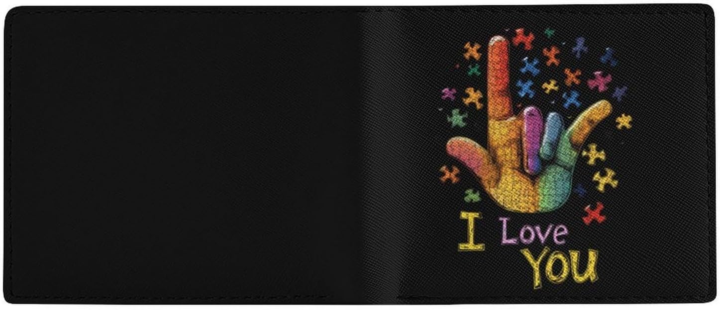 ASL Love Sign Autism Support Slim Billfold Wallet for Men Front Pocket Purse Card Holder with ID Window