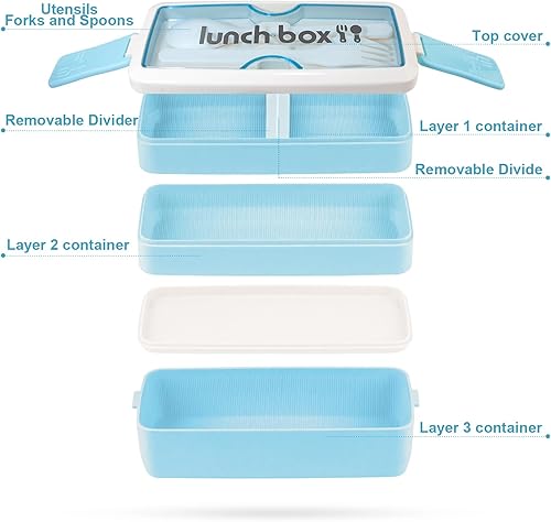 Miniatura 2 de Iteryn Bento Box - Lonchera apilable de 3 capas con compartimentos, a prueba de fugas, ecológicas, para preparación de comidas