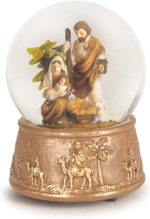 Dicksons Holy Family with Lamb Gold Tone Polyresin 7 Inch Christmas Nativity Musical Water Globe