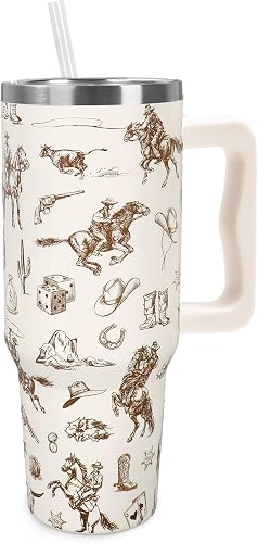 FYSUIMU 1Pc Western Cowboy Tumbler with Handle Lid Straw 40Oz Brown Beige Cowboy Horse Cactus Stainless Steel Travel Tumbler Cup for Wild West Rodeo Party
