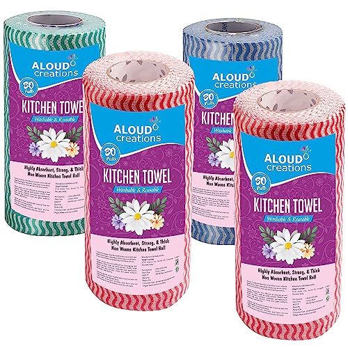 Image of ALOUD CREATIONS Non Woven Reusable Kitchen Towel Roll - Pack of 4 (80 Pulls Per Roll, 320 Sheets) | Highly Absorbent Multipurpose Washable Tissue Rolls For Wipes, Spills and Cleaning Kitchen Slabs