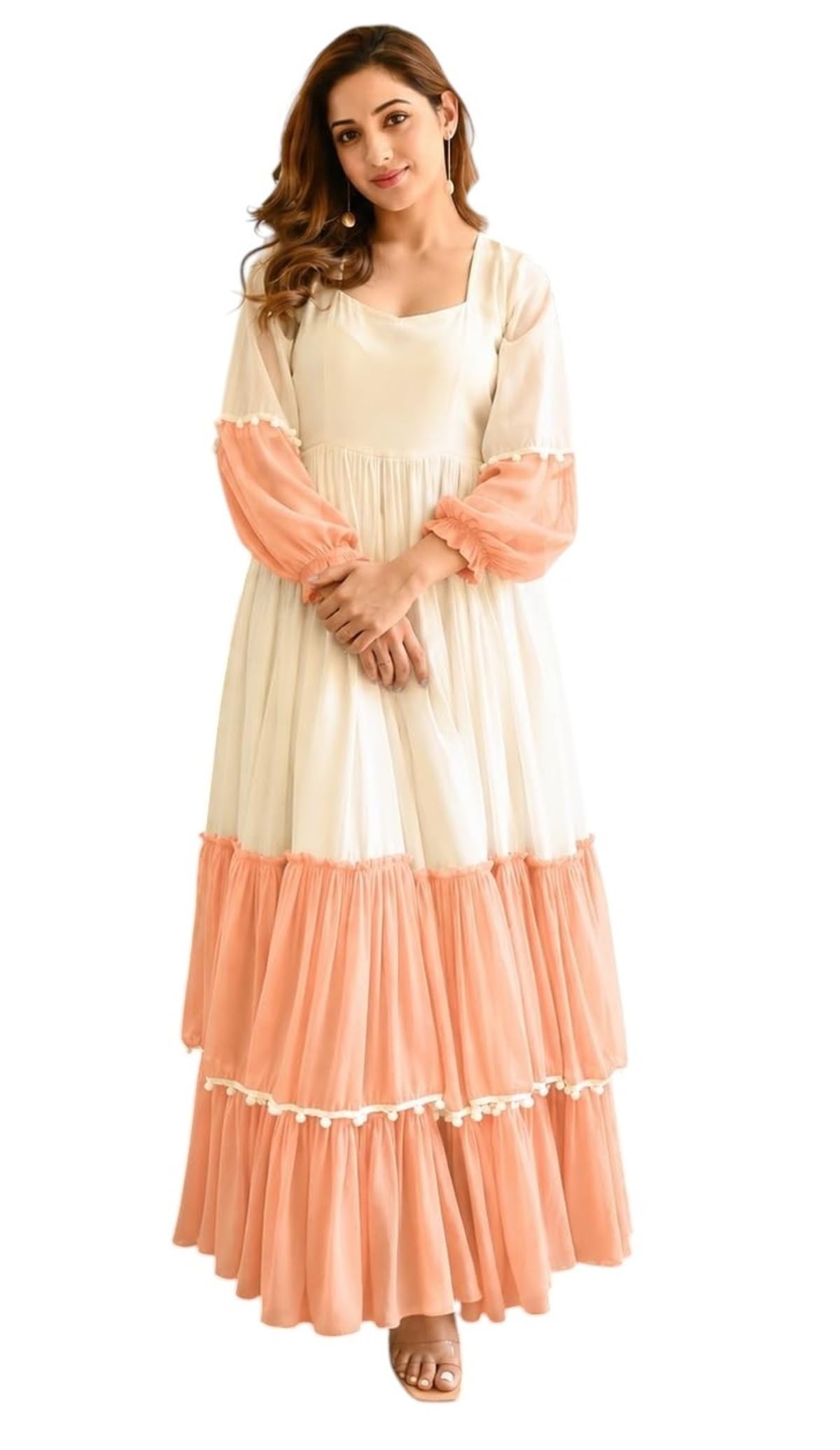 Women's Cotton Two-Tone Tiered Flared Maxi, Anarkali Flared Gown | Sweetheart Neck Ruffle Sleeve Length A-Line Western Dress for Party, Outdoor, Casual-picture-13