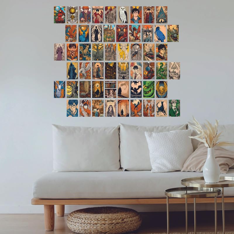 Image of POSTERONN Wizard Movie Aesthetic Wall Collage Kit Set of 54 Premium 4x6 Inch Cardstock Photo Posters Vintage Film Theme Room Decor for Bedroom Study Dorm with Glue Dots Gallery Wall Set