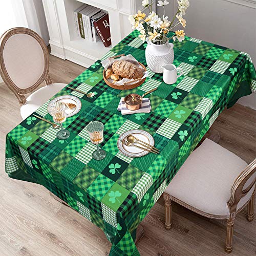 St. Patrick’s Day Tablecloth, Green Lucky Shamrock Table Cloth, Buffalo Plaid Checkered Tablecloths, Four Leaf Clovers Waterproof Tablecloth Rectangle for Dinner Party Decoration, 60 x 84 inch