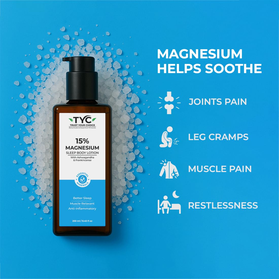 TYC Trust Your Choice Magnesium Sleep Body Lotion, 15% Magnesium Chloride with Ashwagandha and Frankincense Oil, Magnesium Lotion For Sleep For, Magnesium Lotion For Muscle Recovery, Relaxation, No Added Fragrance - 250ml( Pack of 1) 1