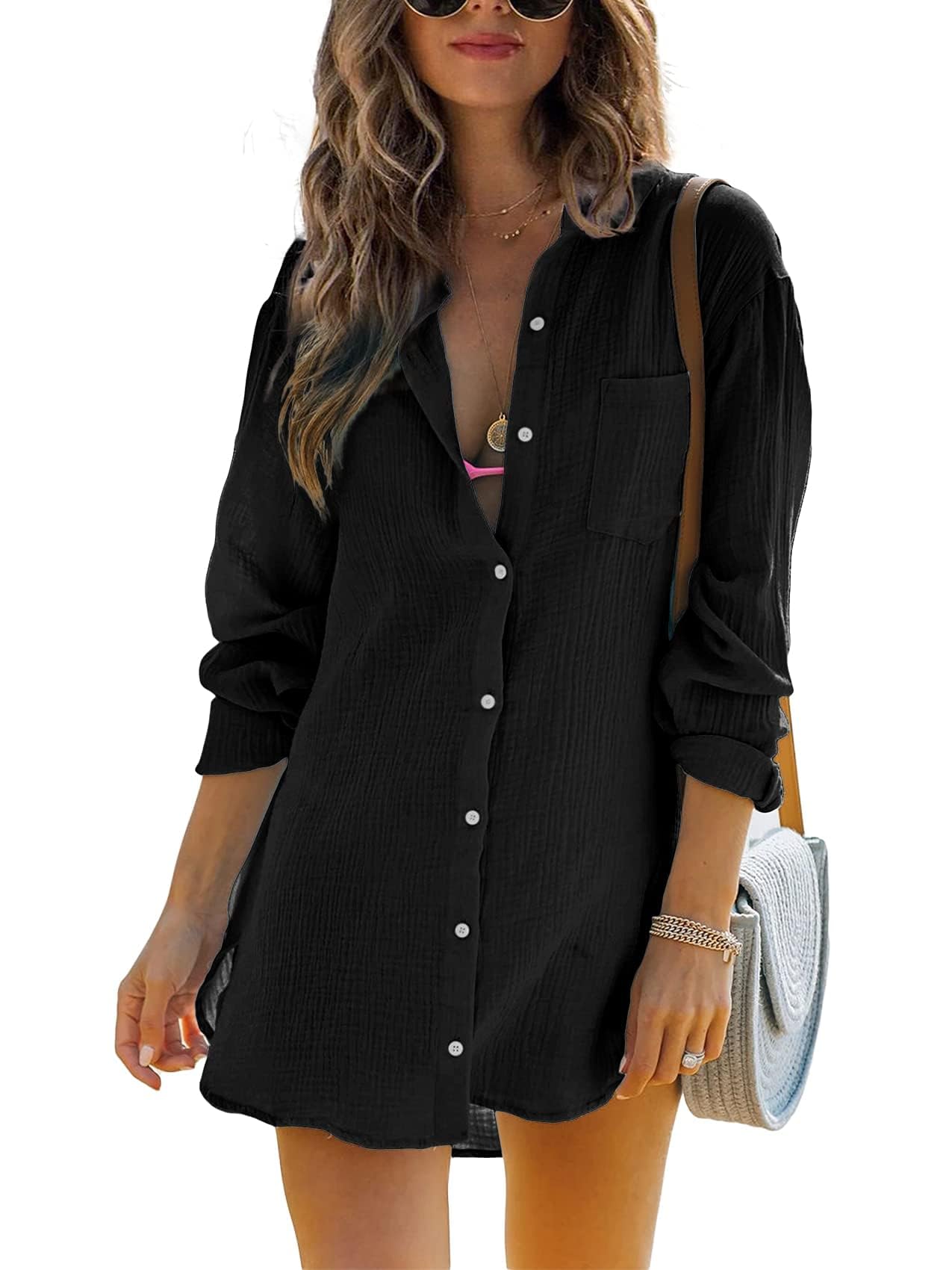 Cicy Bell Damen Langärmel Bluse Sommer Musselin Tops Baumwolle Casual Button Down Shirt Kleid Tops Loose Tunica Strandkleid Bikini Cover Up