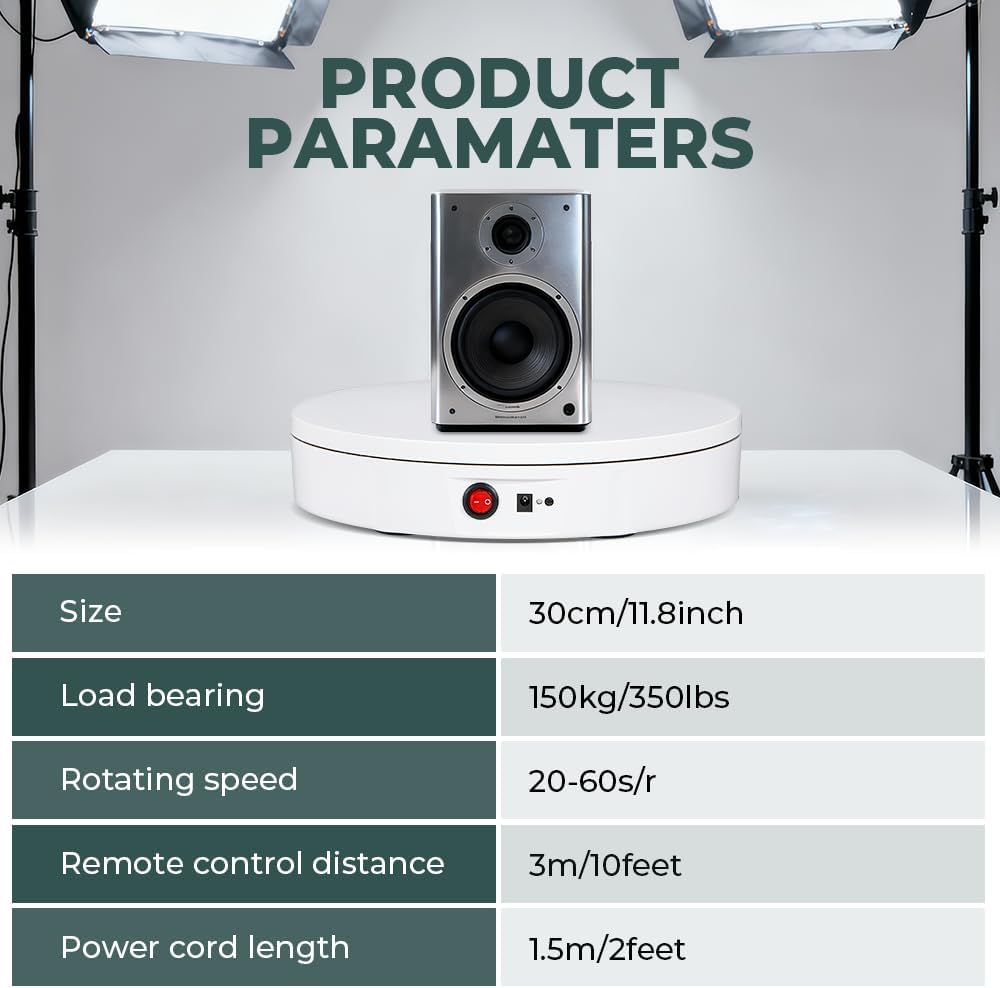 Photography Turntable 11.8inch/350lb High Load, Motorized with 10ft(3m) Remote, 360° Rotation for Video, 3D Scanning, Display (White)