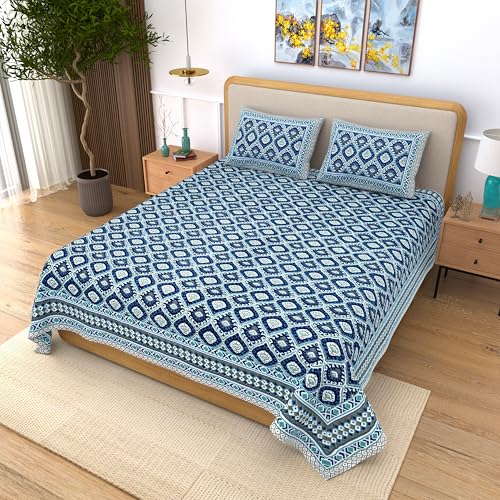 Image of India 100% Pure Cotton Jaipuri Printed Double Bedsheet with 2 Pillow Covers | Traditional Sanganeri Floral Design | Soft Breathable Fabric | King Size Bedsheet for Bedroom (Kaya48)