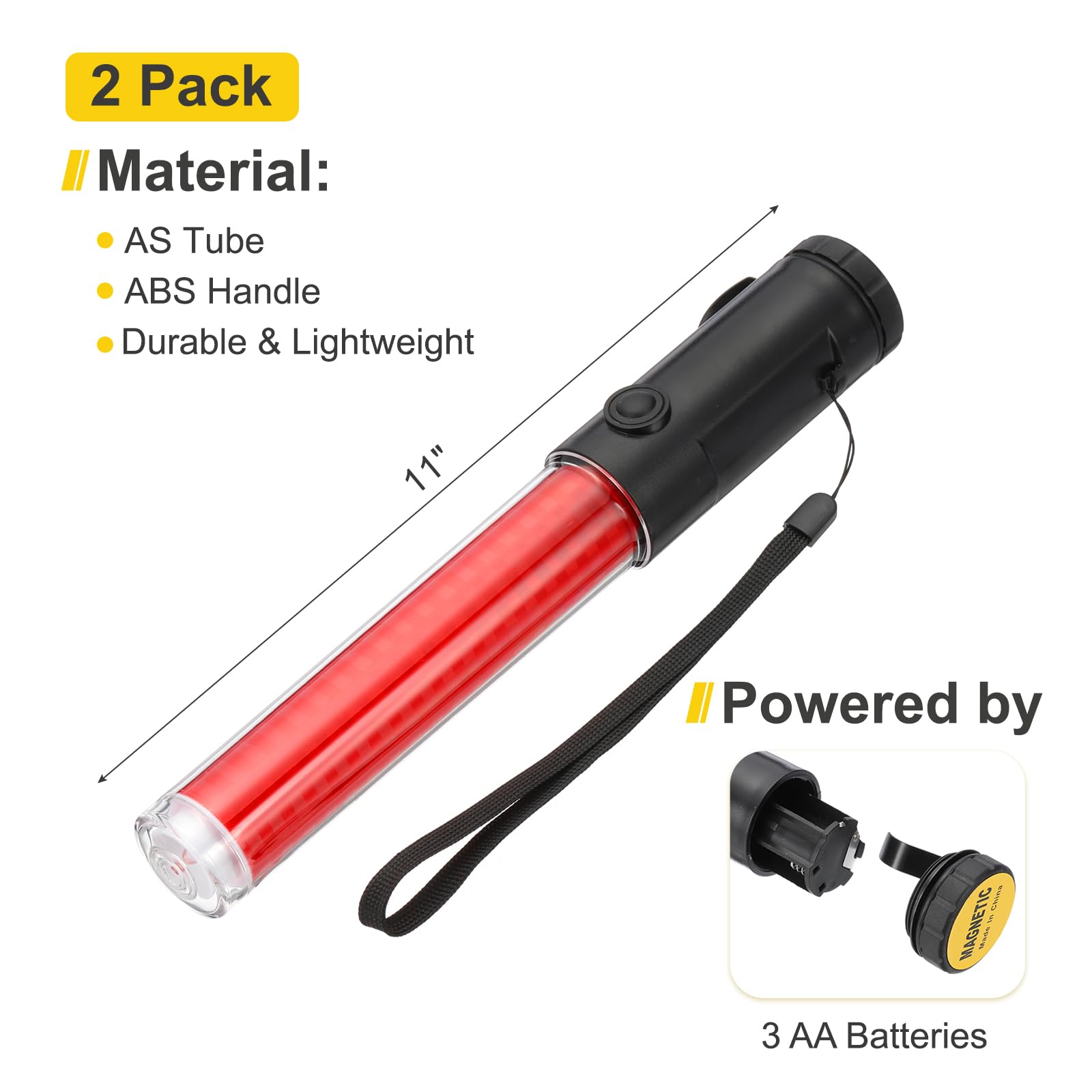 PATIKIL 2 Pacchi 11 Pollici Bacchetta Segnaletica Traffico, Bacchetta Controllo Traffico Aereo Torcia LED Con 3 Modalità Lampeggiante Clip Laterale Cinturino Polso Laccio, Rosso