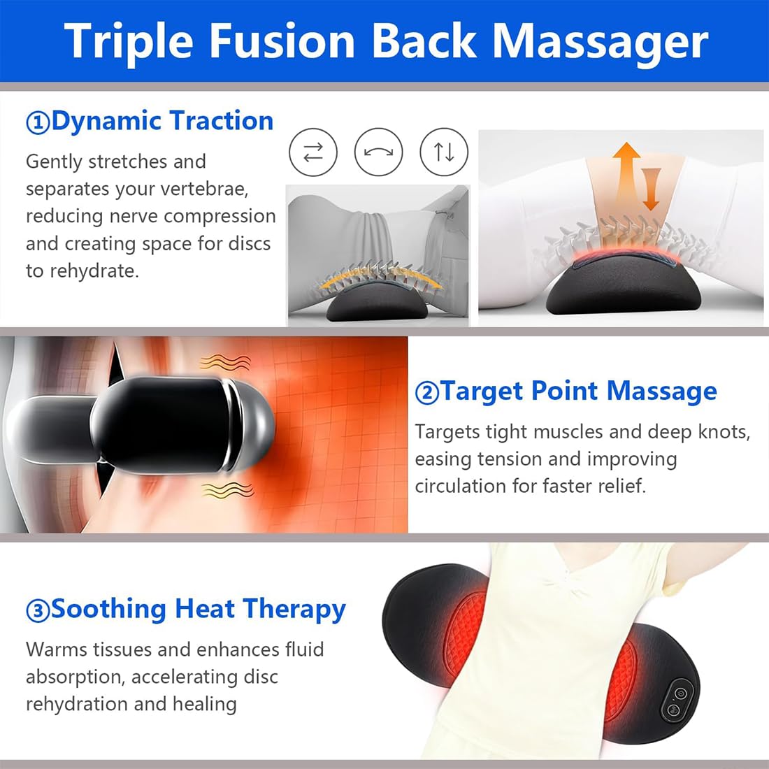 Terapia de espalda 3 en 1, masajeador de espalda 3 en 1, masajeador de espalda triple fusión, masajeador eléctrico de ciática con masaje de vibración y compresa de calor para cuello, hombros, espalda