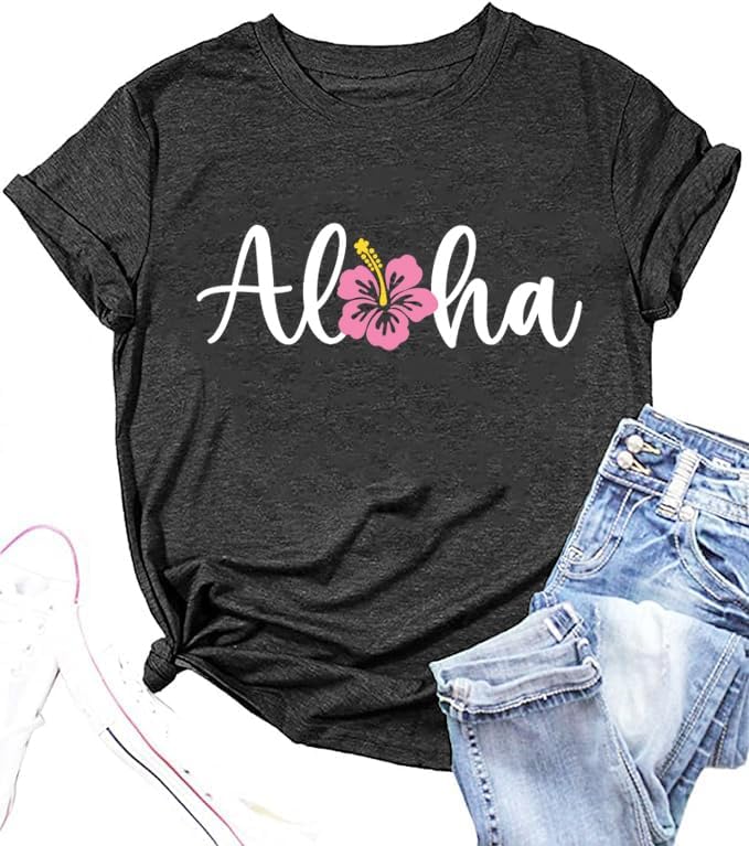 Hawaiian Shirts for Women Aloha Flower Shirt Hawaii Trip Tee Summer Casual Beach Vacation Tops Short Sleeve
