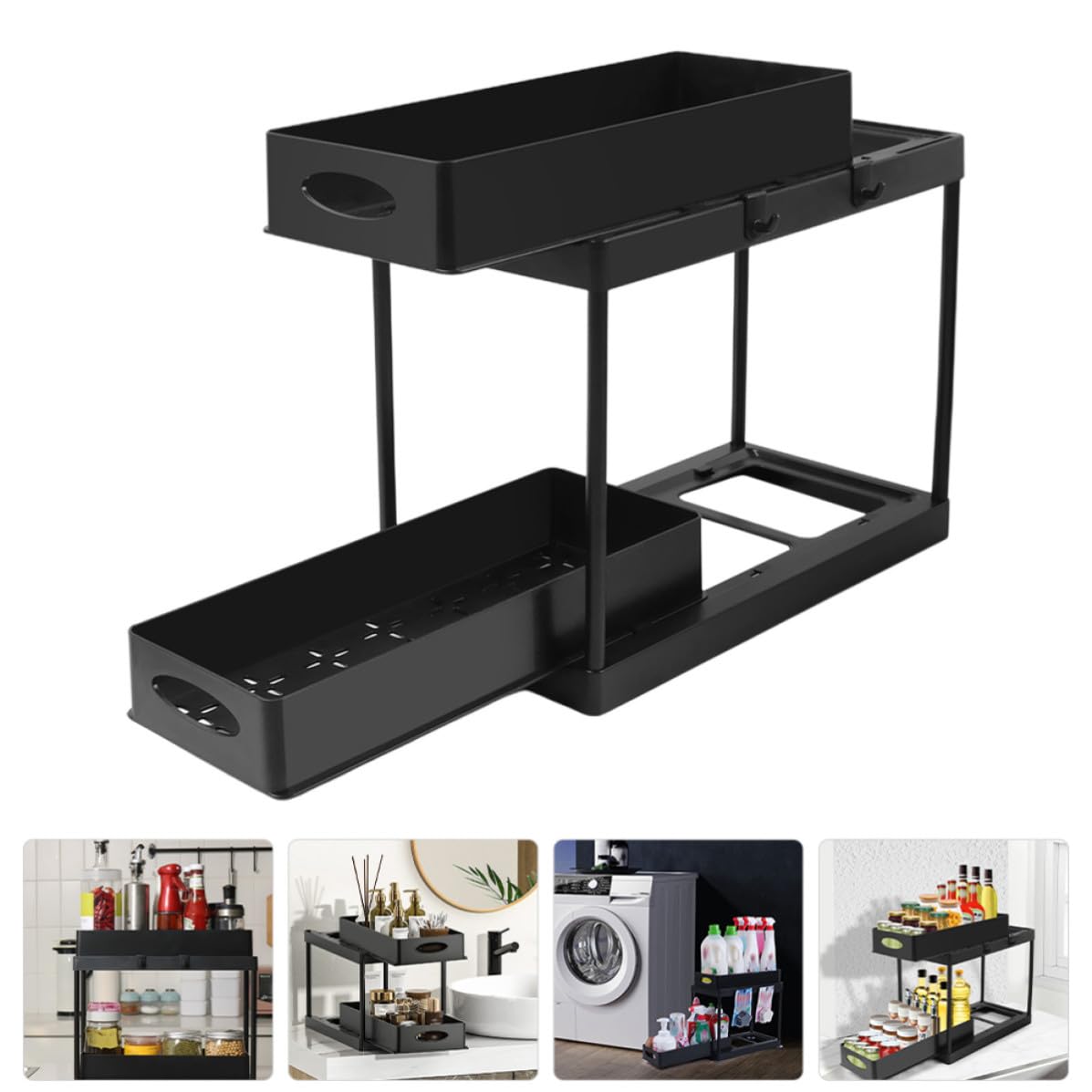 Organizer Sottolavello Cucina a 2 Livelli Scorrevole in ABS Nero