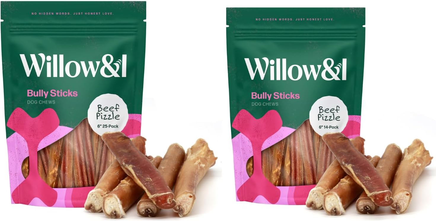 Willow&I Bully Sticks Bundle - 6 Inch Bully Sticks, 25 Pack & 6 Inch Bully Sticks, 14 Pack for All Breeds - Premium 100% Grass-Fed Beef Pizzle, Long-Lasting Natural Dog Chews