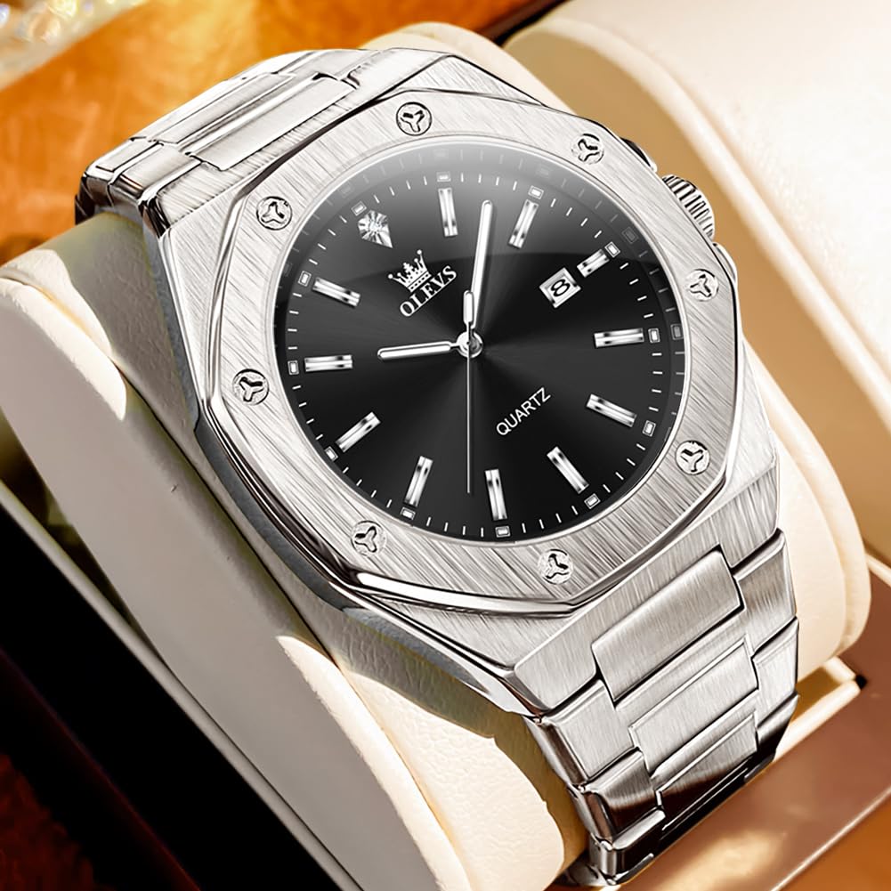 OLEVS Herren-Armbanduhr, Edelstahl, Business-Kleid, groß, leicht zu lesen, analog, wasserdicht, leuchtend, lässig, luxuriös, Herrenuhr