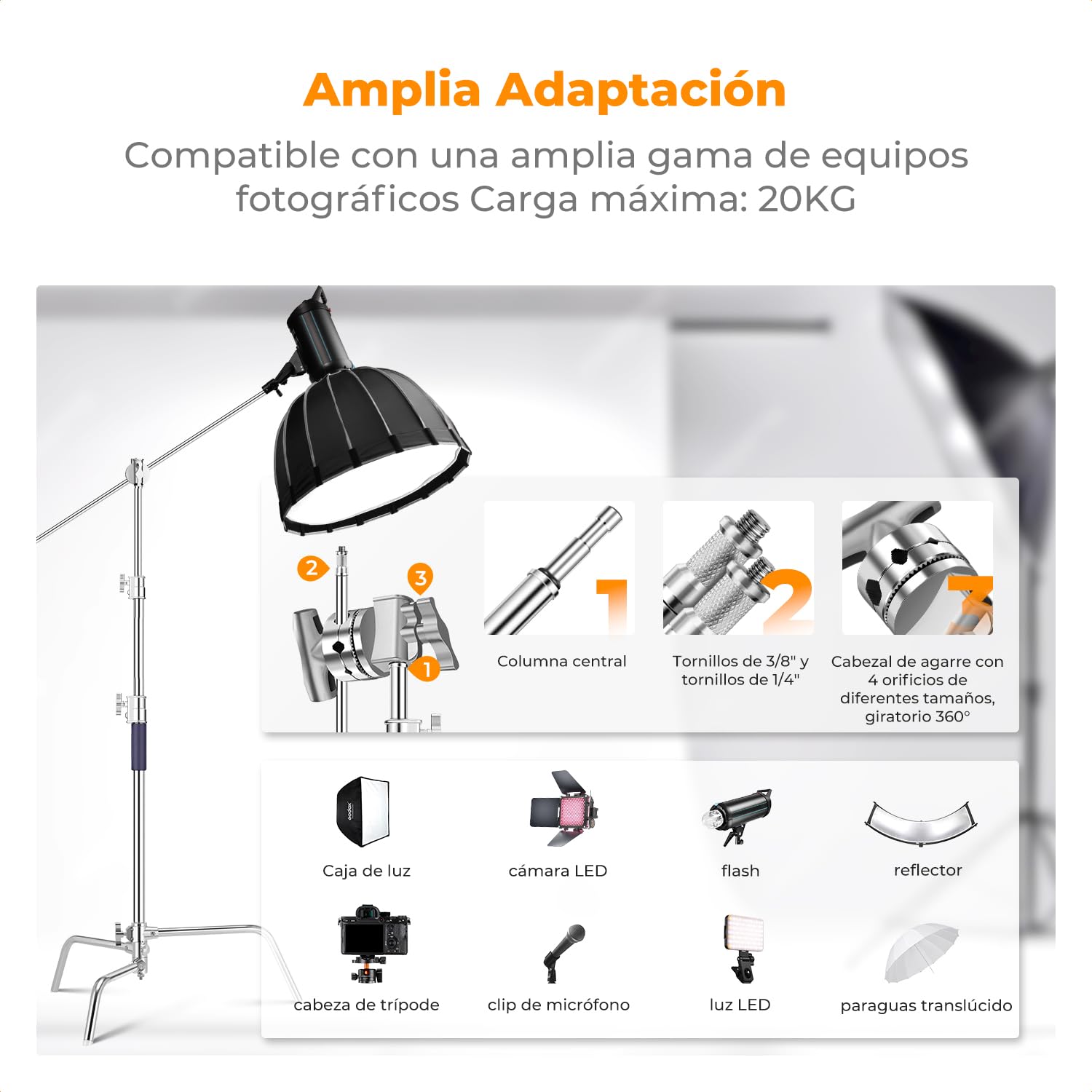 K&F CONCEPT Soporte C 330cm Acero Inoxidable para Estudio | Brazo de pluma ajustable, 2 cabezales mango, carga 20kg, trípode luz fotografía, con sandbag, TL05
