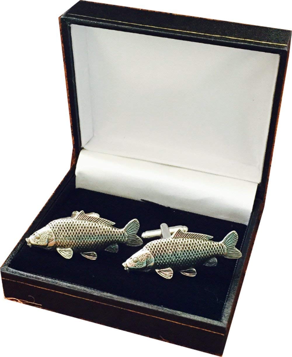 Reallyusefulgifts Men's Silver Antique Pewter Common Carp Fish Fishing Fisherman Emblem Cufflnks With Gift Box