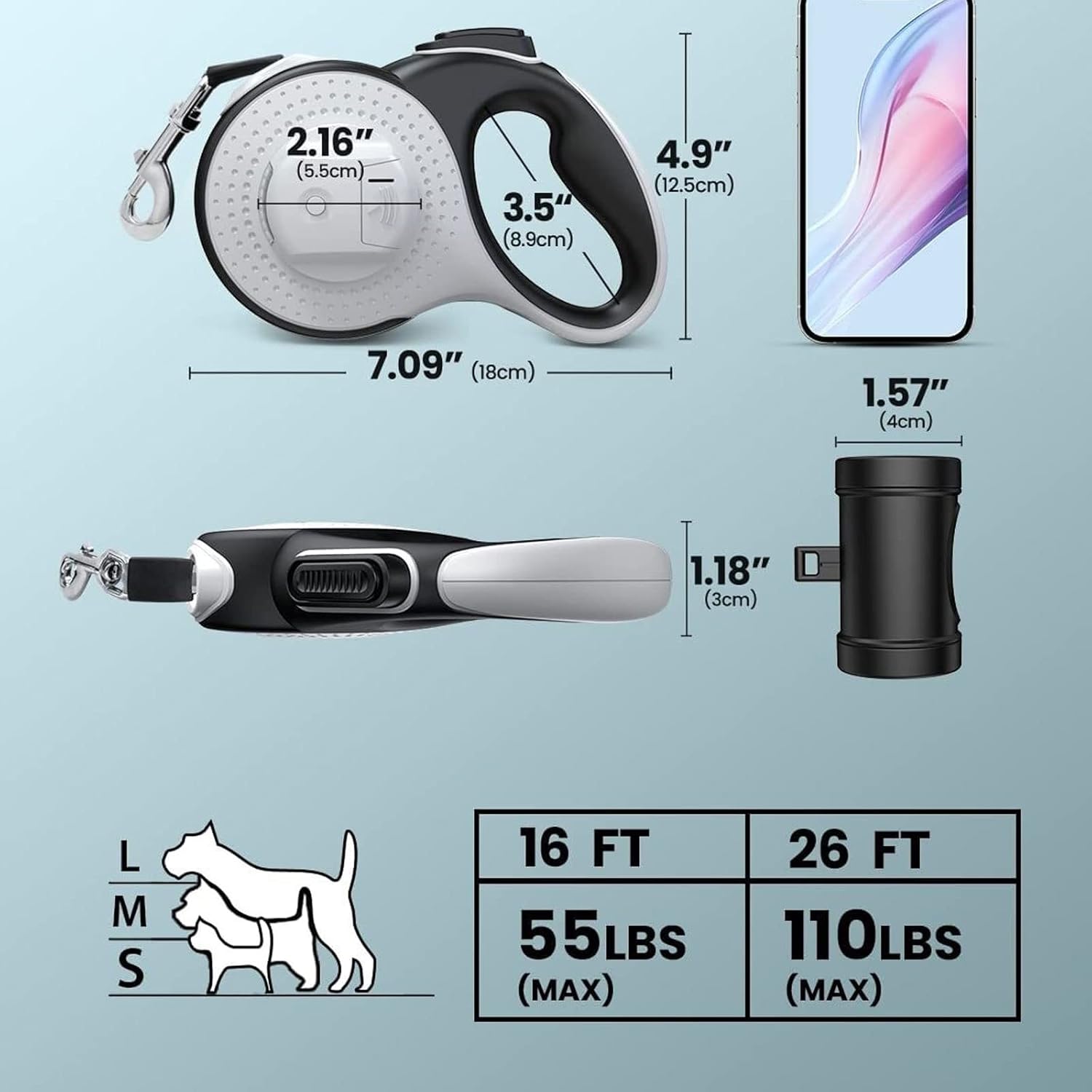 Dog Training Leashes Retractable Dog Leash with Flashlight and Poop Bag Dispenser, Huayang Upgrade 4 in 1 Dog Leash Retractable for Medium Large Dogs