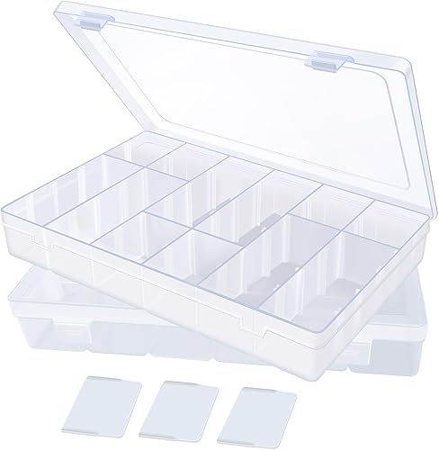 Paquete de 2 organizadores de manualidades de 18 rejillas y organizador de cuentas de almacenamiento con divisor ajustable, plástico, transparente